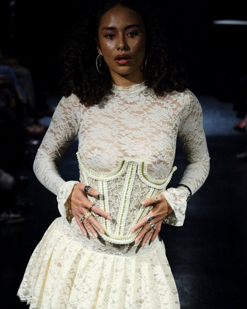 cream lace turtleneck mini dress ice skating dress pleated underbust corset victorian edwardian fashion week ahua